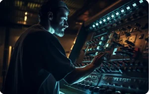 Technicien manipulant un tableau de commande industriel complexe dans un environnement sombre et technique