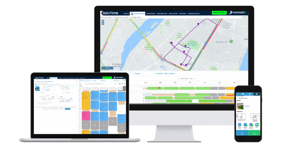 Interface du logiciel Opti-Time by Nomadia affichée sur trois appareils : un écran desktop avec une carte de Montréal et un planning Gantt, un ordinateur portable avec un calendrier de planification, et un smartphone avec un bon d'intervention mobile