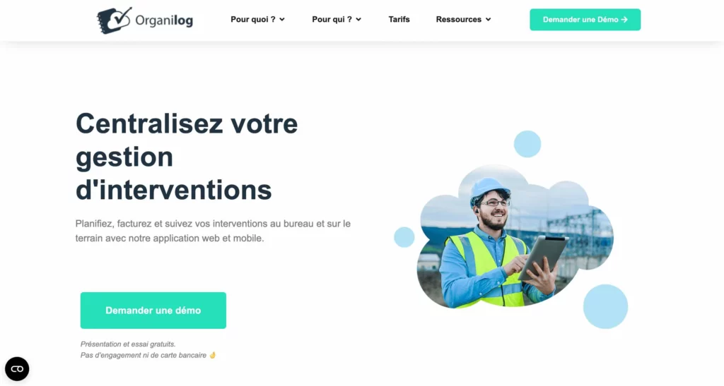 homepage du logiciel de gestion intervention Organilog