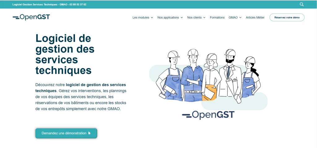 Image de la page d'accueil de OpenGST, mettant en avant le logiciel de gestion des services techniques, illustrant un logiciel de planification de maintenance avec une illustration de plusieurs professionnels en uniforme de travail.