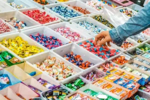 Étale de bonbons de couleurs vives avec trident une marque Perfetti Van Melle
