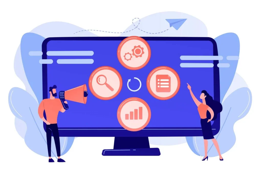 Illustration vectorielle de deux personnages interagissant avec un grand écran affichant des icônes de processus CRM : engrenages, loupe, graphique et liste