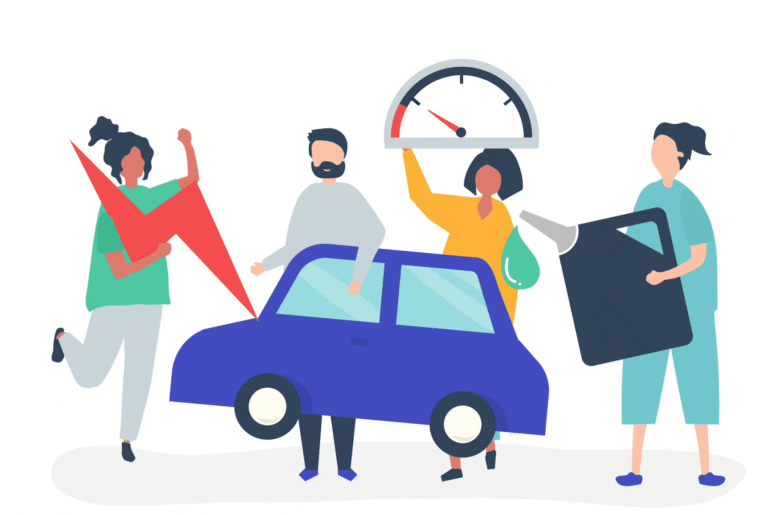 Illustration de quatre personnes heureuses autour d’une voiture avec un compteur de vitesse, représentant la satisfaction client et la mobilité.