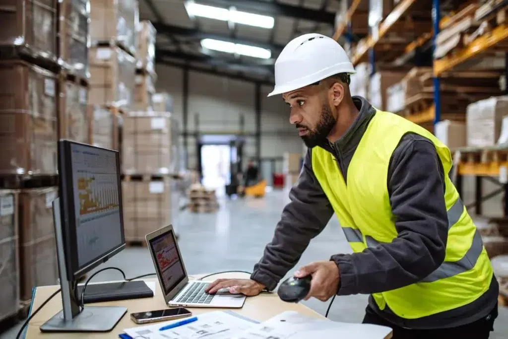 Responsable logistique en gilet jaune fluorescent et casque blanc consultant des données sur ordinateur et laptop avec scanner code-barres dans un entrepôt