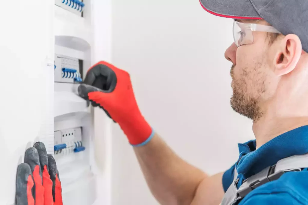 Technicien électricien intervenant sur un tableau électrique dans un bâtiment professionnel