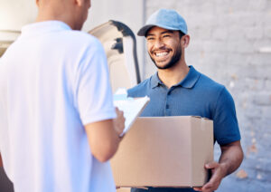 courier delivery man customer with clipboard signature agreement proof shipment logistics service male client employee with paperwork box parcel package outdoor by van scaled