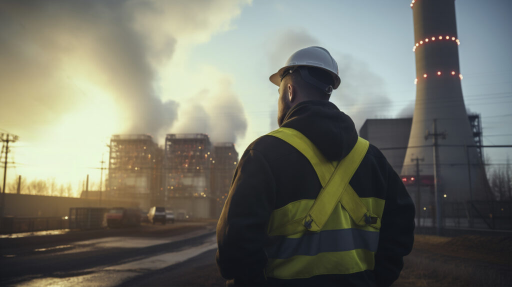 Ingénieur observant une centrale énergétique depuis un site industriel