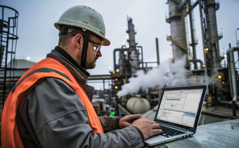 Technicien industriel utilisant un ordinateur portable sur un site de production