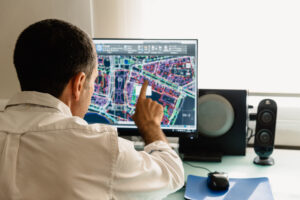 Professionnel analysant une carte numérique sur un écran pour planifier des interventions terrain