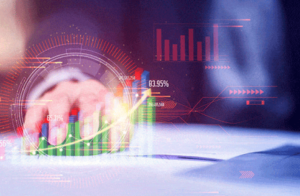 Analyse de données financières avec graphiques numériques et indicateurs de performance sur écran.