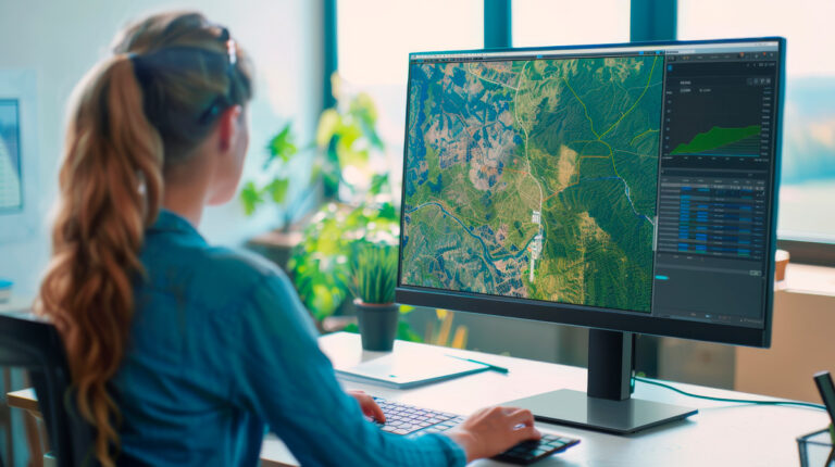 une-personne-examine-soigneusement-les-donnees-geographiques-sur-un-grand-ecran-dans-une-piece-ensoleillee-en-mettant-l-accent-sur-l-analyse-spatiale-et-l-interpretation-des-cartes