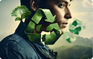 Portrait de profil d'un homme avec un grand symbole de recyclage vert et un arbre superposés, sur fond de paysage naturel, illustrant une approche écoresponsable