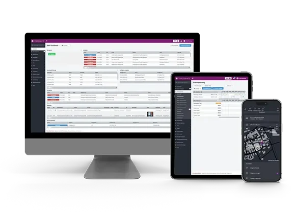 Interface d’un logiciel de gestion affichée sur un ordinateur, une tablette et un smartphone, avec tableaux de données et carte interactive.