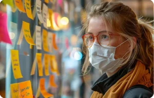 Femme avec masque chirurgical et lunettes rouges analysant attentivement un mur de post-its colorés