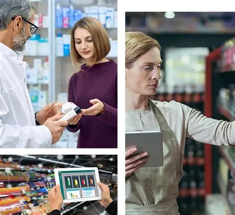 Scènes de gestion en commerce : un pharmacien conseille une cliente sur un produit, une employée vérifie un article en rayon avec une tablette et un tableau de bord d’analyse des stocks sur écran.