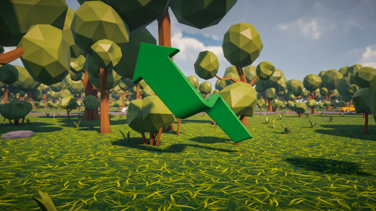 3d render low polygon green arrow showing direction with environment background (1)