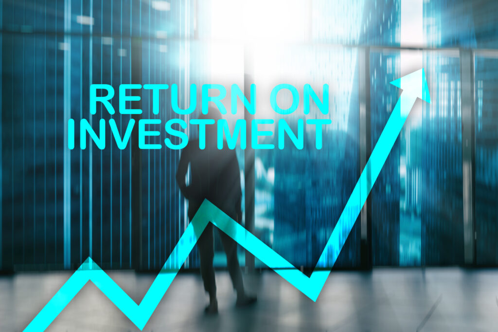 roi return investment stock trading financial growth concept blurred business center background
